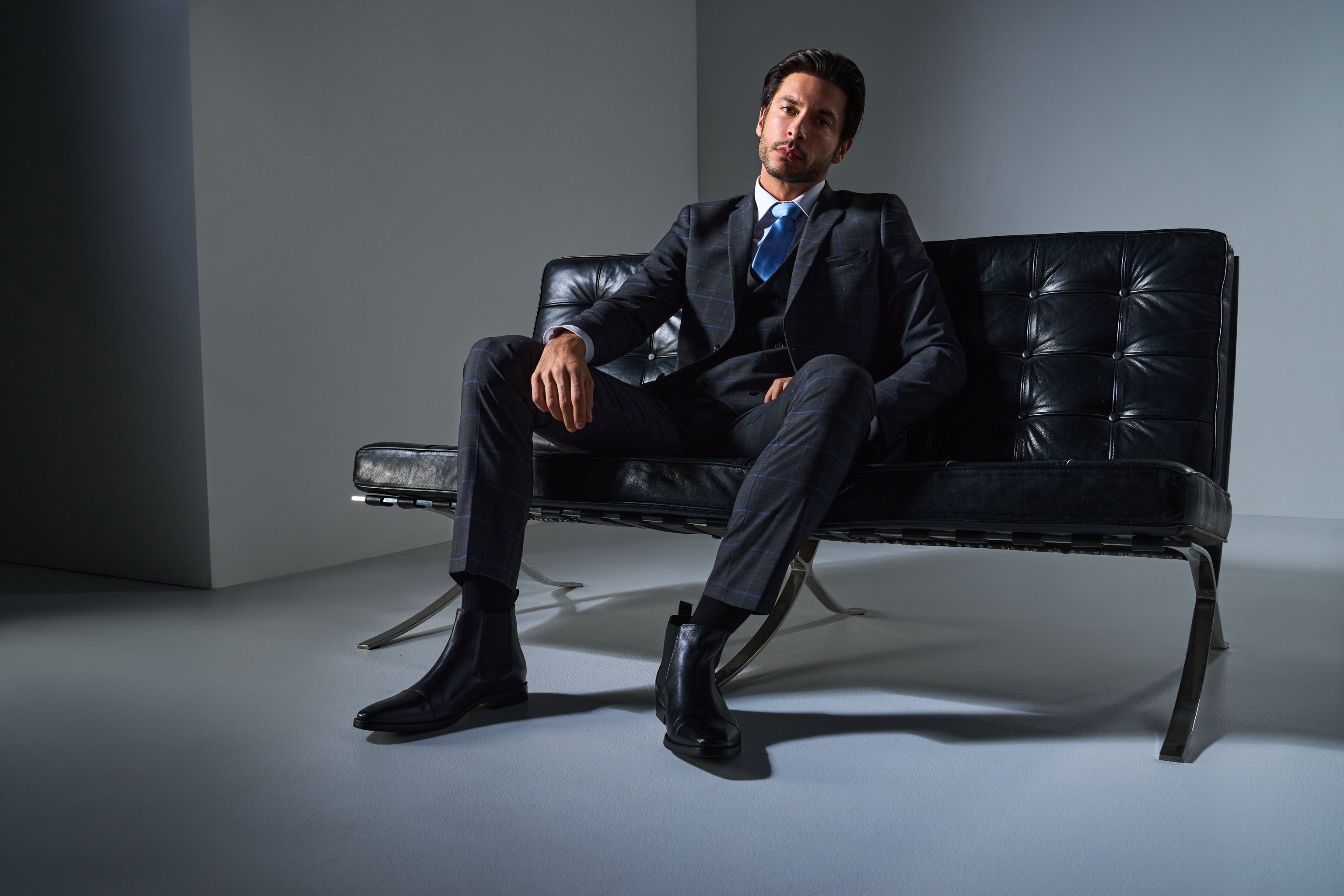 Gray and Periwinkle Blue Window Pane 3 Piece Suit