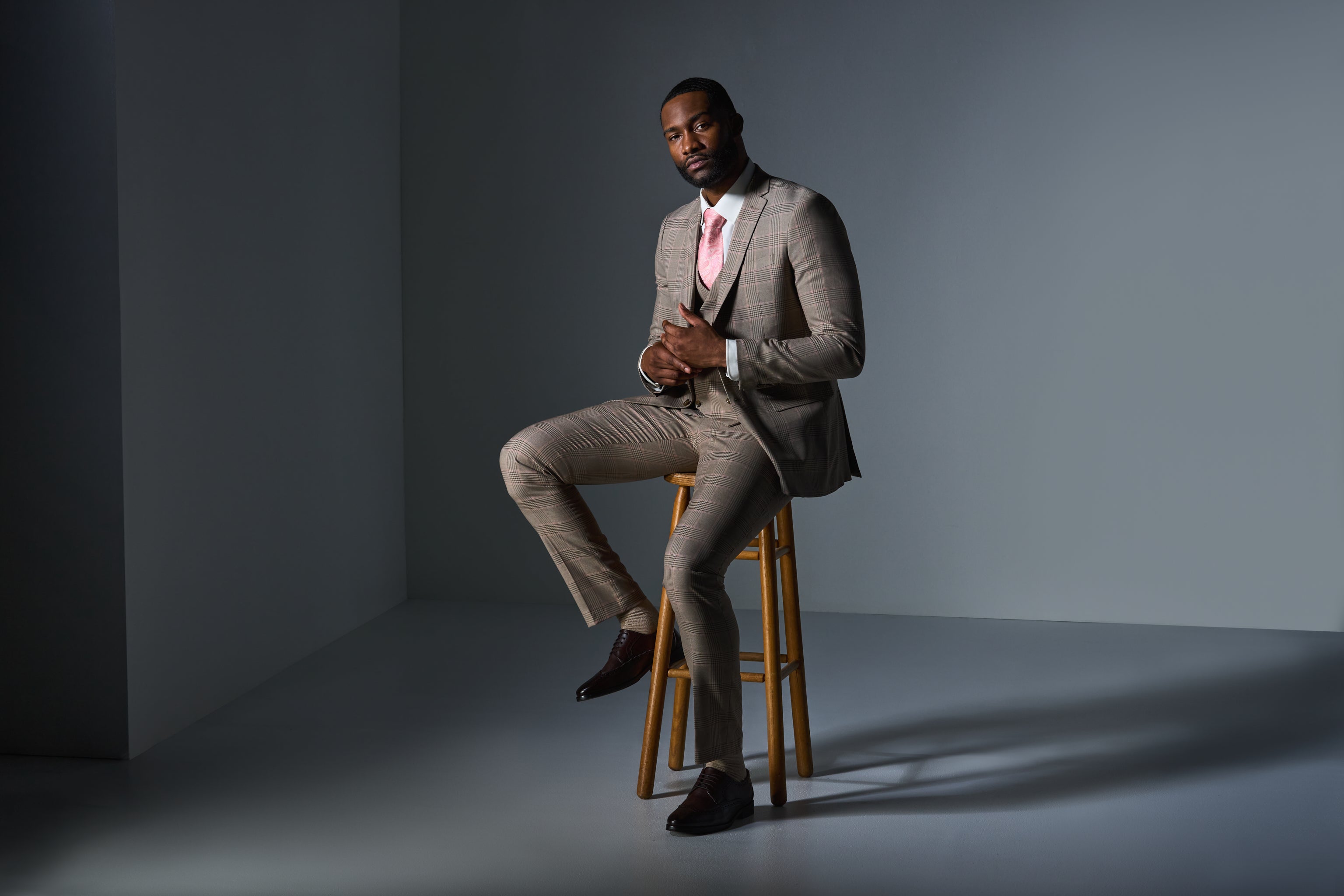 Tan and Pink Plaid 3 Piece Suit